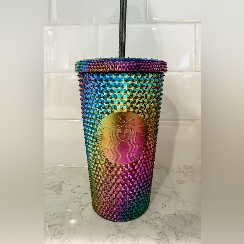 Starbucks NWOT New 16oz Tumbler w/ Straw Rainbow Spiked Studded
